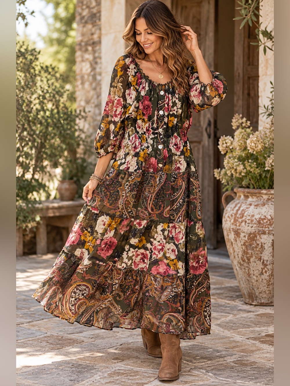 Hope Springs XXL Boho Floral Paisley Tiered Maxi Dress Sheer Sleeve Cottagecore